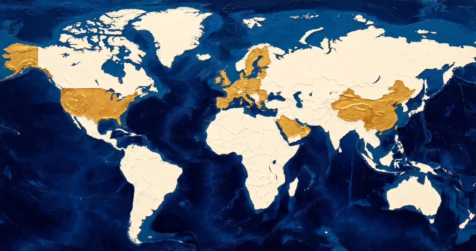 World map with the EU, US, UK, GCC and China highlighted in brass